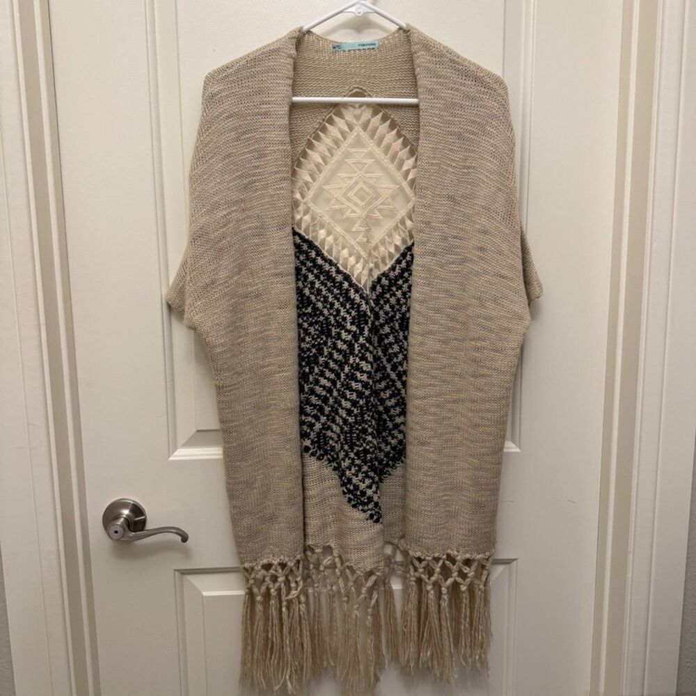 Maurices Beige Boho Open Front Fringe Cardigan S/M Lace Back Knit - Picture 3 of 7